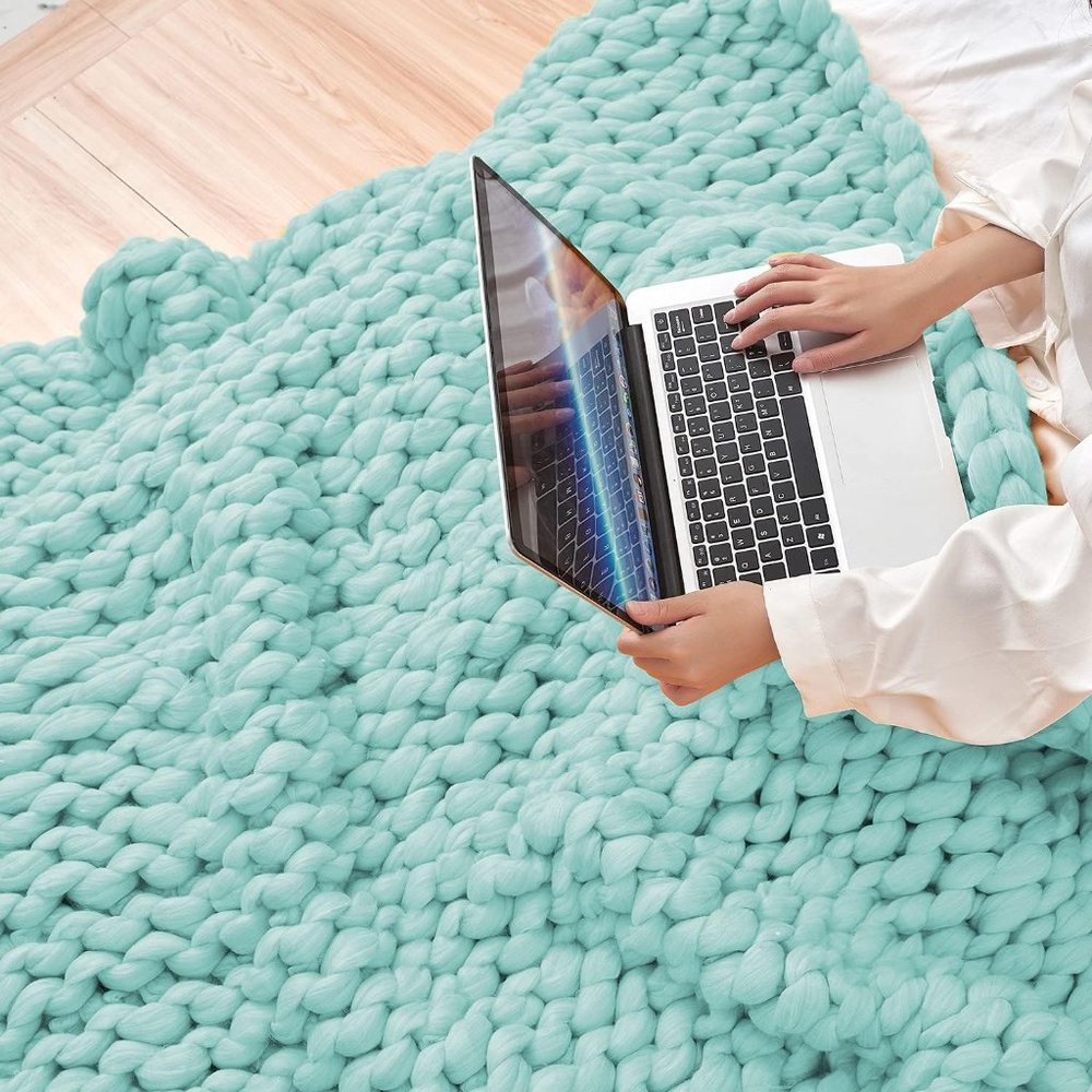 NWT Teal Chunky Knit Blanket Bulky Sofa Throw Hand-Made Super Large